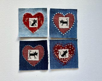 Écussons cœur rouge et chat noir confectionnés en denim et en coton japonais