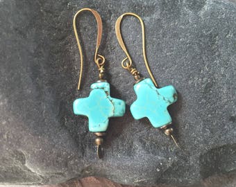 Rustic Turquoise Stone Cross Earrings, Santa Fe Earrings,Southwest Turquoise Earrings,Cowgirl Earrings