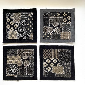 Black Grey Denim Patches, Japanese Boro Sashiko Style, Hand Embroidered Fabric Appliques