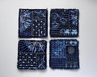 Écusson Indigo Boro Sashiko Shibori denim bleu marine et blanc