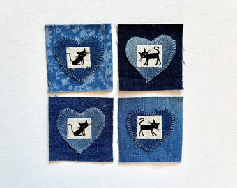 Petits écussons chats 3x3 pouces en denim et tissu japonais, cousus à la main