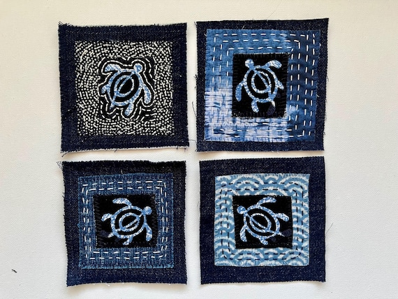 Tribal turtle denim patch with embroidery and sashiko stitching slow sew on embellishment 47