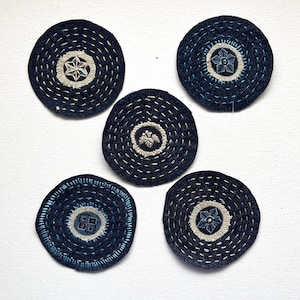 Round Mending Patches Dark Denim and Embroidery Sashiko Slow Stitching