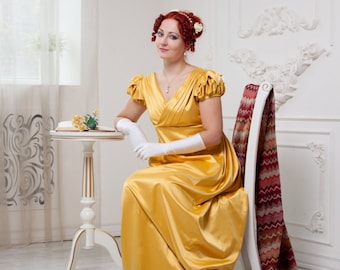 Yellow Regency Dress, Napoleonic Fashion, Regency High Waistline