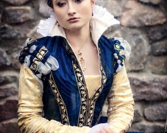 Donkerblauwe tafzijde renaissancejurk, Renfaire Queen-kleding, 16e Eleonora di Toledo-jurk
