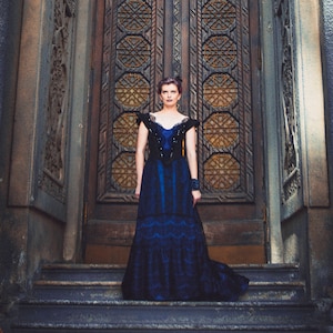 Edwardian 1890s Gown, Victorian Black and Blue Dress, Gothic Wedding Dress, Lace and Crystals Gown