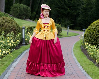 Yellow Rococo Costume, Georgian Canary Yellow Caraco Jacket and Berry Red Skirt, 1700s Bows and Ruffles Gown