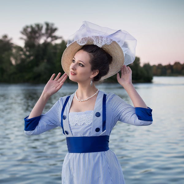 Vestido junto al mar de la década de 1910, vestido de rayas del Titanic, vestido de té de la década de 1910