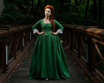 Demelza Green Linen Dress, Georgian Grass Green Gown, Rococo SCA Outfit