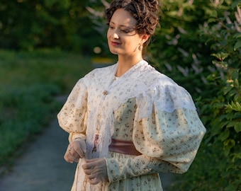 1830s Dress, Early Victorian Gown, Flowery Cotton Romanticism Dress, Vistorian Muslin Gown