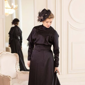 Edwardian Mourning Dress, 1900s Black Satin Gown