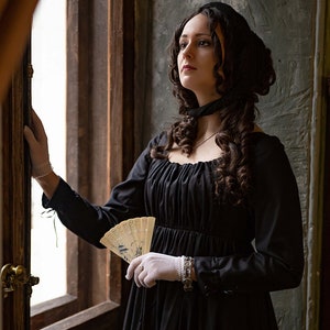 Regency Mourning Gown, Napoleonic Black Satin Round Gown, 1790s Round Gown