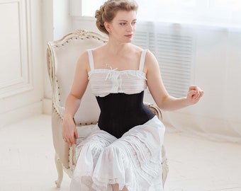 Victorian Black Cotton Underbust Corset, 1890s Hourglass Silhouette Lingerie
