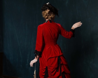 Red and Black Victorian Walking Dress, Vampire Gothic Velvet Outfit