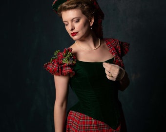 Victorian Scottish Style Dress, Red and Greeen Plaid 1880s Gown