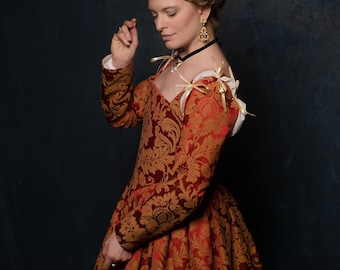 Red and Gold Renaissance Dress, Terracota Red Elizabethan Gown