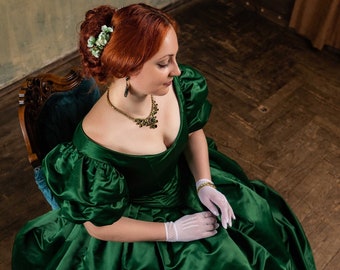 Christmas Green Ladie's Ball Gown, 1850s Crinoline Victorian Dress, American Civil War Gown