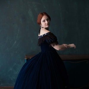 Empress Sissi Velvet Gown, Midnight Blue 1860s Star Dress image 2