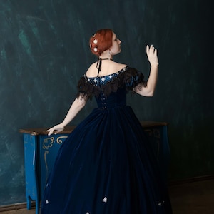 Empress Sissi Velvet Gown, Midnight Blue 1860s Star Dress image 9