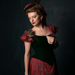 Victorian Scottish Style Dress, Victorian Plaid Christmas Ballgown, Red and Greeen Plaid 1880s Gown