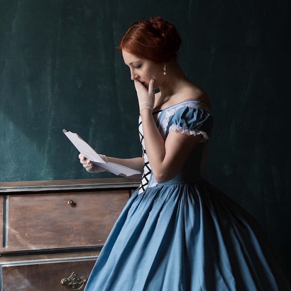 Blue Cotton Gone with the Wind Dress, Linen Hungarian 1860s Gown