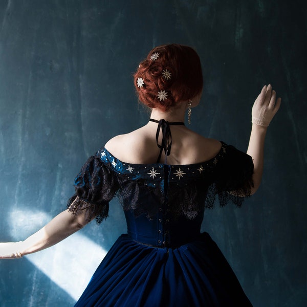 Empress Sissi Velvet Gown, Midnight Blue 1860s Star Dress