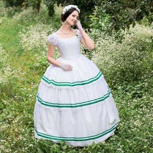 1850s Crinoline Dress, American Civil War White and Green Gown
