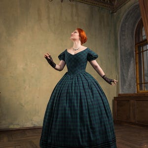 1850s Plaid Dress, Queen Victoria Scottish Gown, Victorian Green and Blue Ballgown
