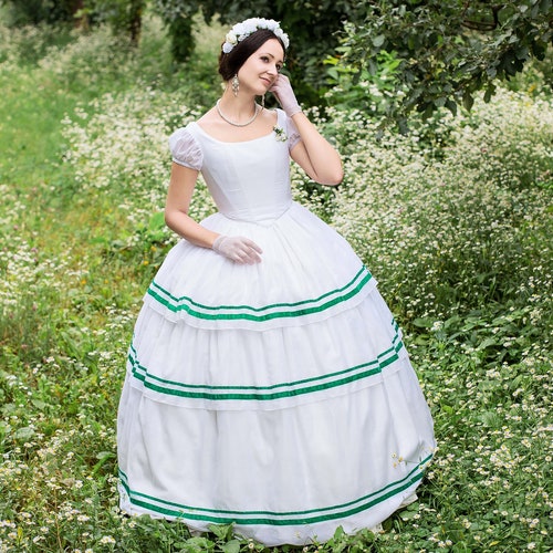 1850s Crinoline Dress American Civil War White and Green Gown - Etsy