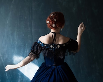 Empress Sissi Velvet Gown, Midnight Blue 1860s Star Dress