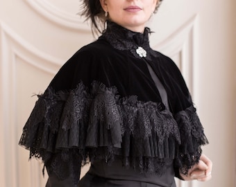 Black Velvet Victorian Cape, Velvet and Lace Gothic Mourning Cape