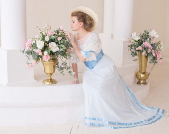 Creamy Blue Edwardian Tea Gown, 1900s Walking Gown