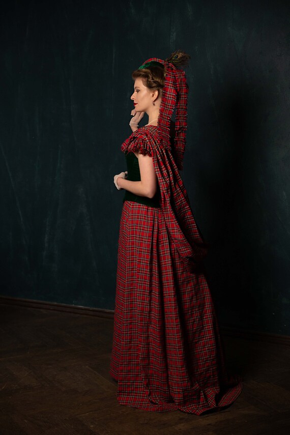 Victorian Scottish Style Dress, Victorian Plaid Christmas Ballgown, Red and Greeen Plaid 1880s Gown