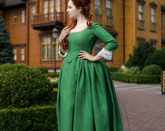 Demelza Green Linen Dress, Georgian Grass Green Gown, Rococo SCA Outfit -  Etsy