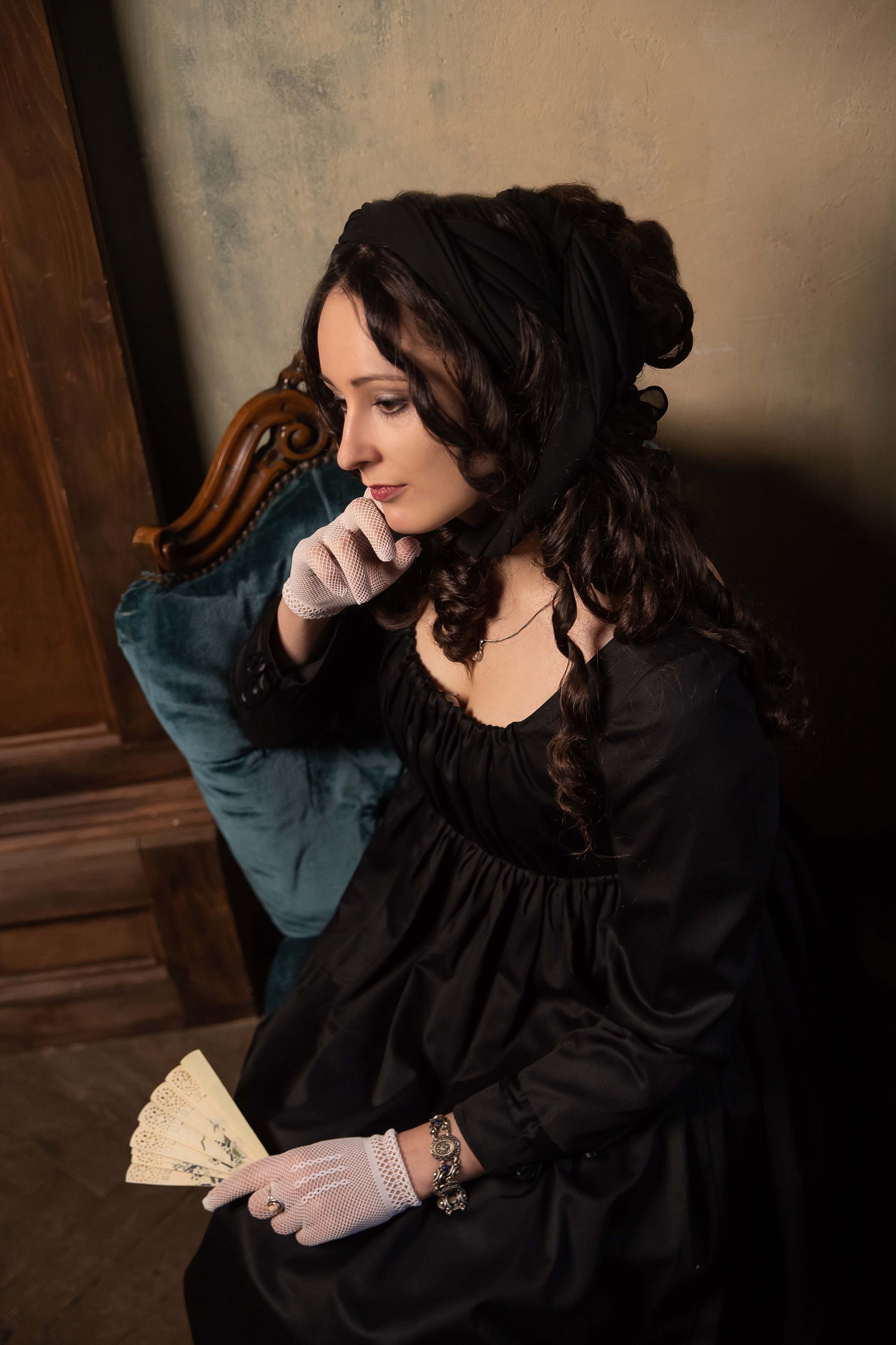 Regency Mourning Gown, Napoleonic Black Satin Round Gown, 1790s Round Gown