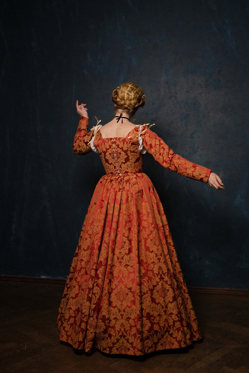 Red and Gold Renaissance Dress, Terracota Red Elizabethan Gown image 3