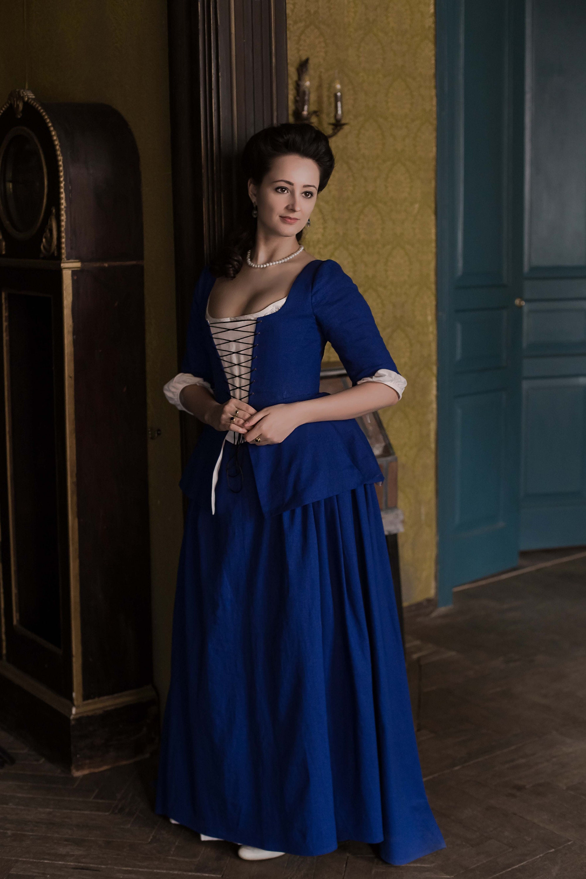 Rococo Blue Linen Dress, 1700s Caraco and Skirt, Scottish Georgian Gown ...