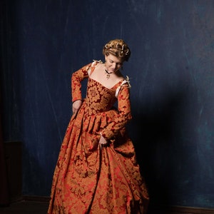 Red and Gold Renaissance Dress, Terracota Red Elizabethan Gown image 9