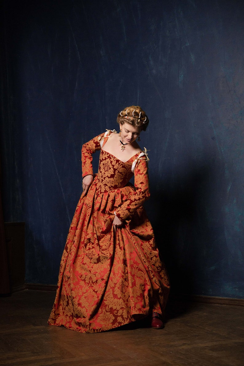 Red and Gold Renaissance Dress, Terracota Red Elizabethan Gown image 9