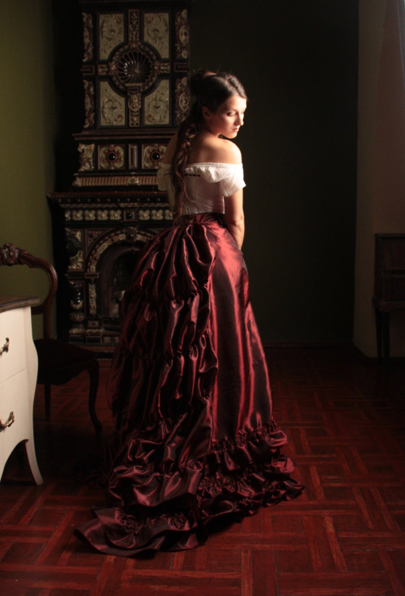 Victorian Burgundy Skirt, 1880s Taffeta Petticoat, Bustle Underwear image 1