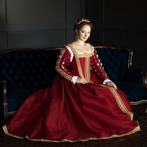 red and gold victorian dress