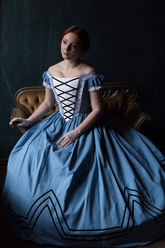 Blue Cotton Gone with the Wind Dress, Linen Hungarian 1860s Gown Blue Cotton Gone with the Wind Dress, Linen Hungarian 1860s Gown