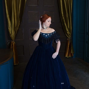 Empress Sissi Velvet Gown, Midnight Blue 1860s Star Dress image 10