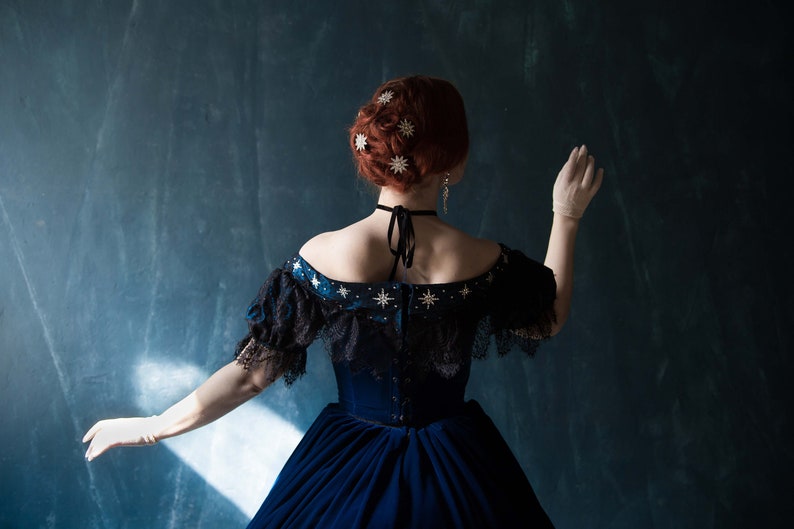 Empress Sissi Velvet Gown, Midnight Blue 1860s Star Dress image 1