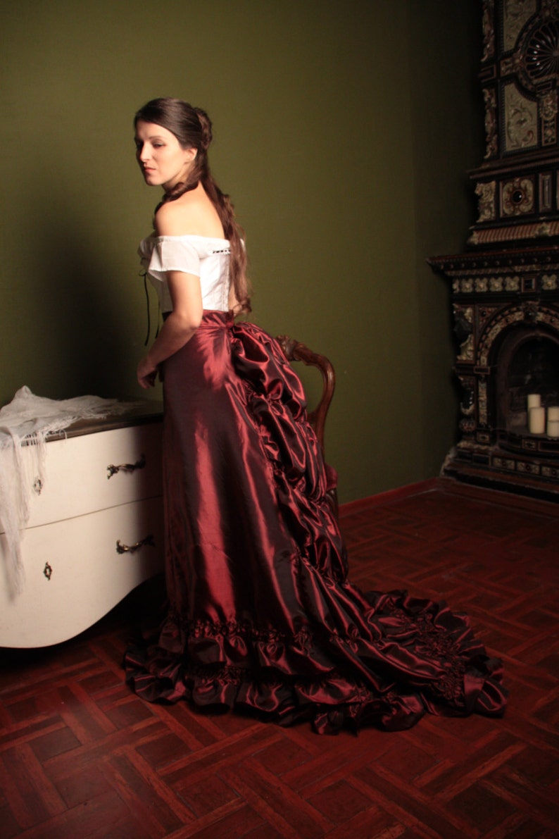 Victorian Burgundy Skirt, 1880s Taffeta Petticoat, Bustle Underwear image 3