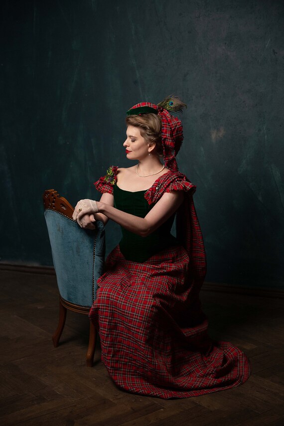 Victorian Scottish Style Dress, 1880s Red and Green Plaid Christmas Ballgown