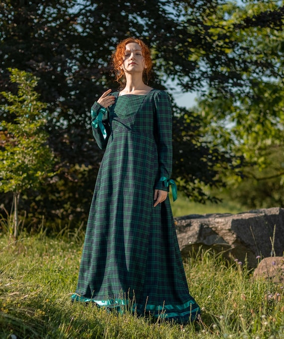 Scottish Regency Dress, Plaid Green Napoleonic Gown, 1800s Regency Plaid Walking Gown Highland Plaids - Etsy Israel Scottish Regency Dress, Plaid Green Napoleonic Gown, 1800s Regency Plaid Walking Gown Highland Plaids - Etsy Israel