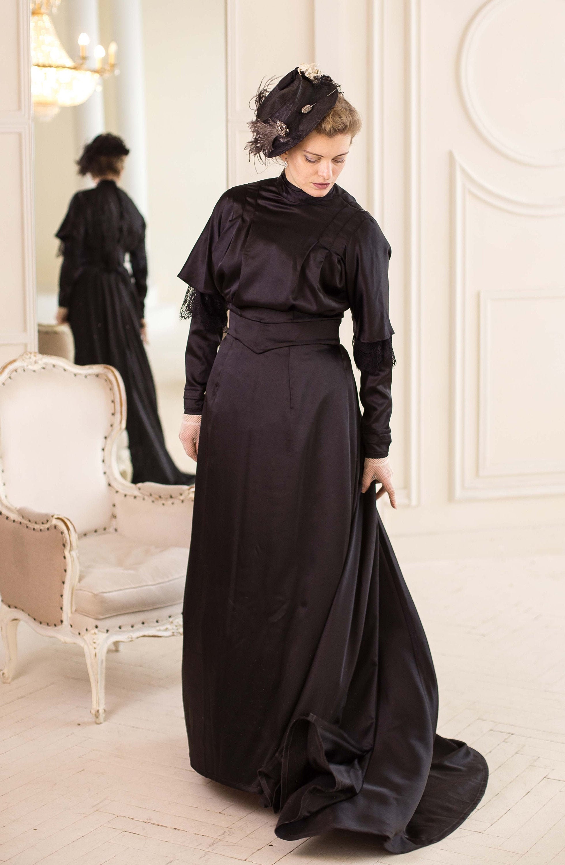 Edwardian Mourning Dress 1900s Black Satin Gown Etsy UK