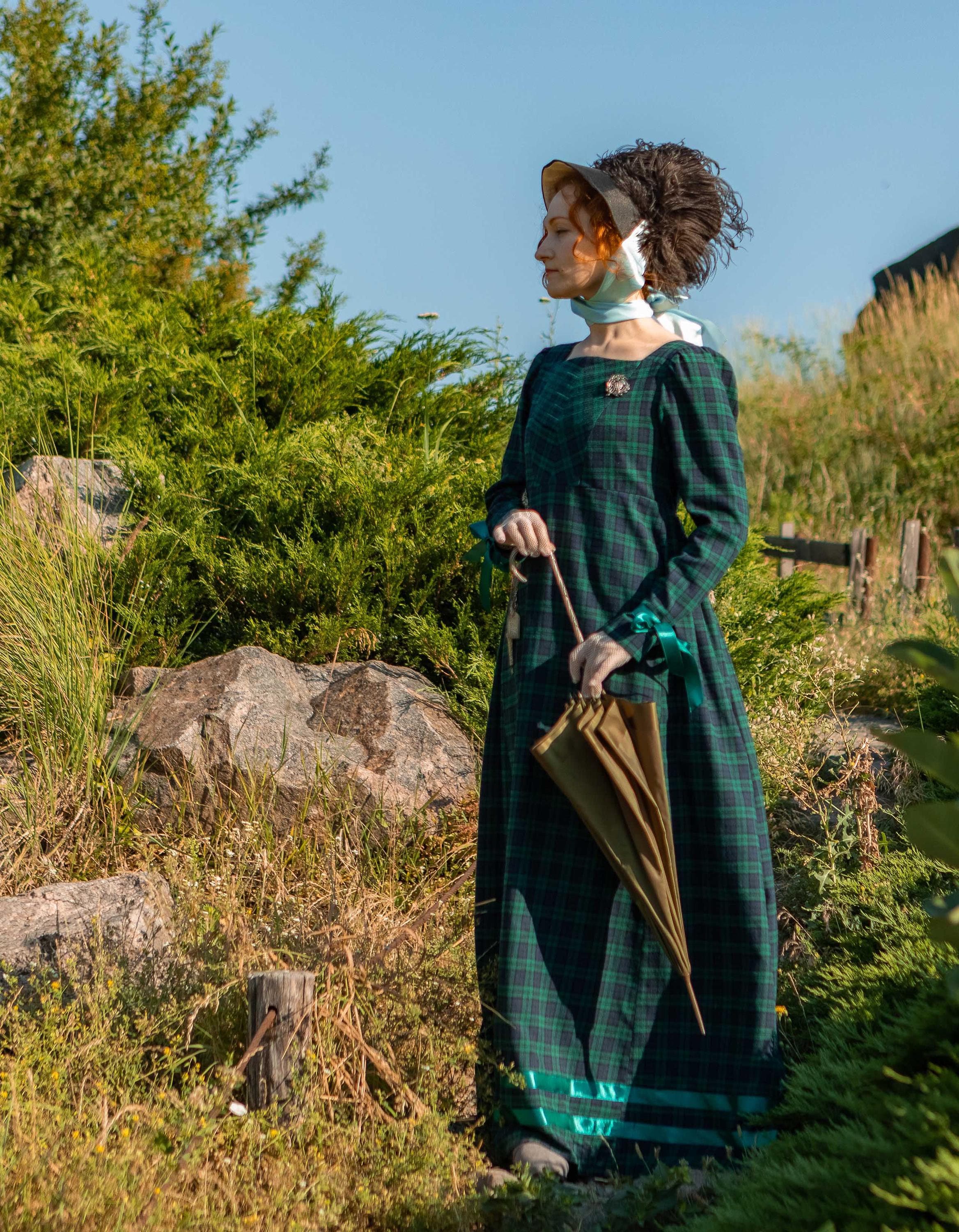 High Late 1800 Dresses Scottish Regency Dress, Plaid Green