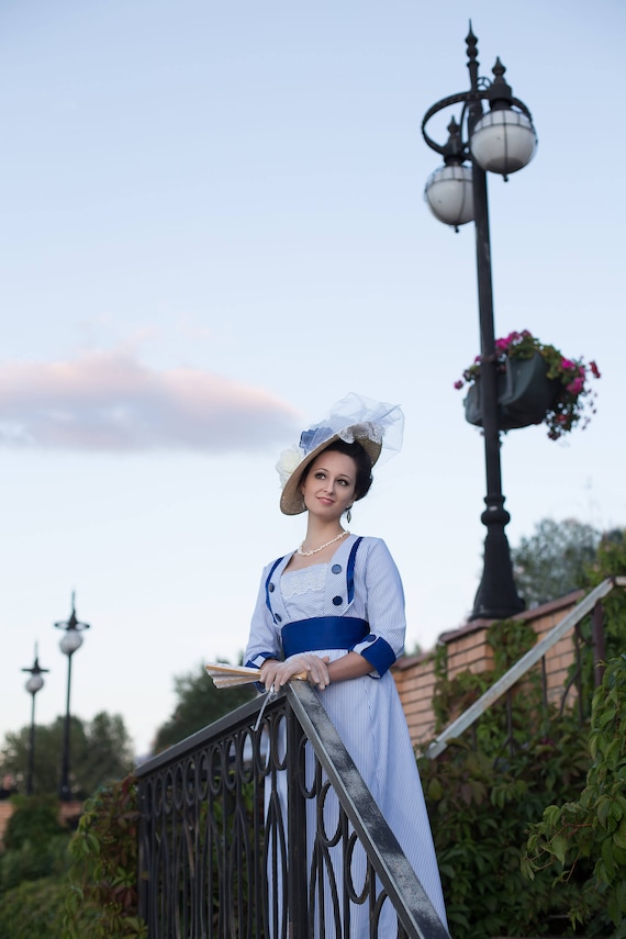 blue 1910s dress Seaside Dress, Striped Titanic Dress, 1910s Tea Gown Select your size:9.5 cotton and velvet Dry Wine Dresses Outfit Guide on What